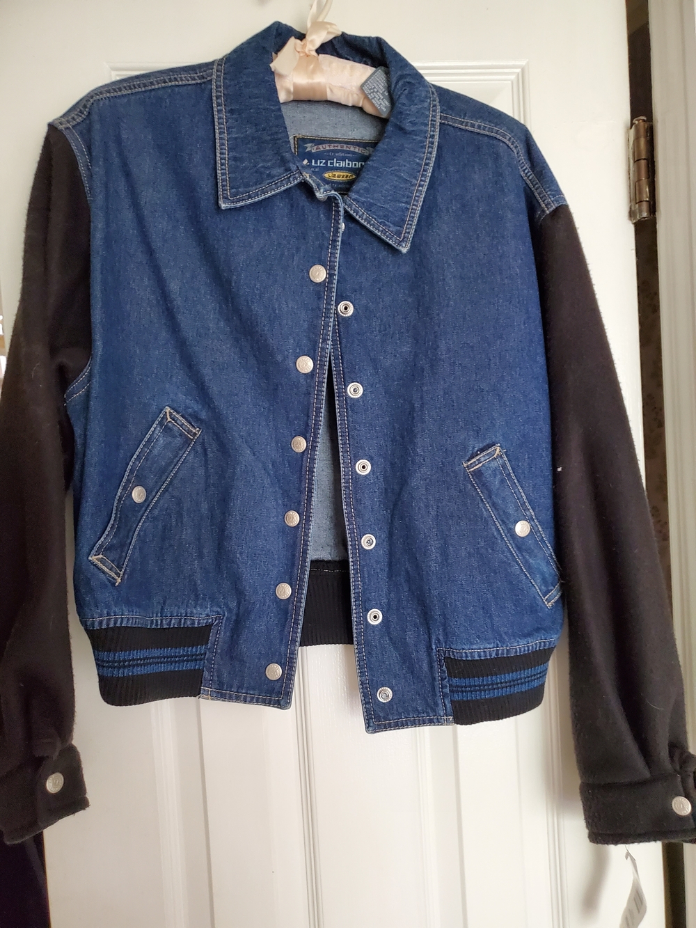 Liz Claiborne Blue Denim & Black Sleeve Bomber Jacket